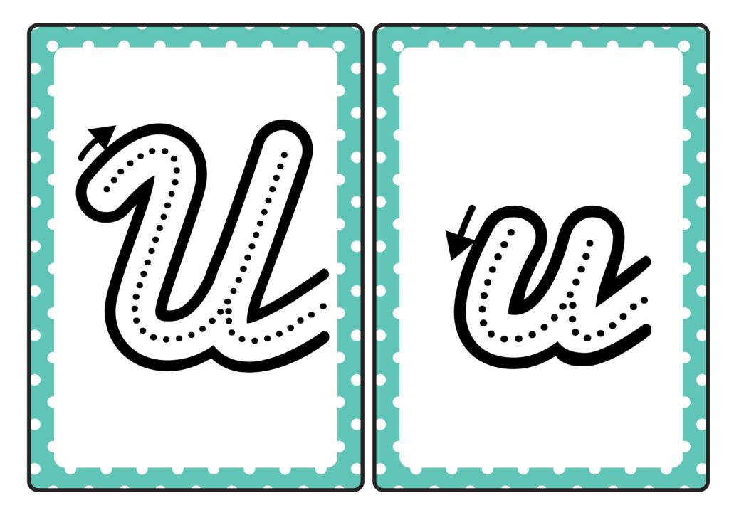 Cursive letter U tracing cards showing uppercase and lowercase U formation for kids practice