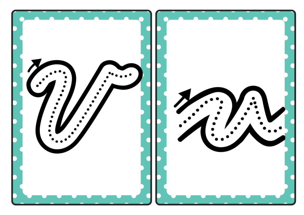 Cursive letter V tracing cards showing uppercase and lowercase V formation for kids practice