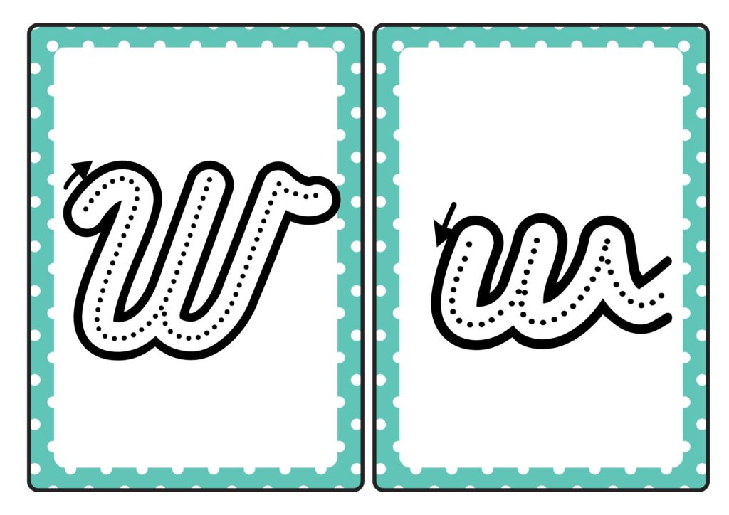 Cursive letter W tracing cards showing uppercase and lowercase W formation for kids practice