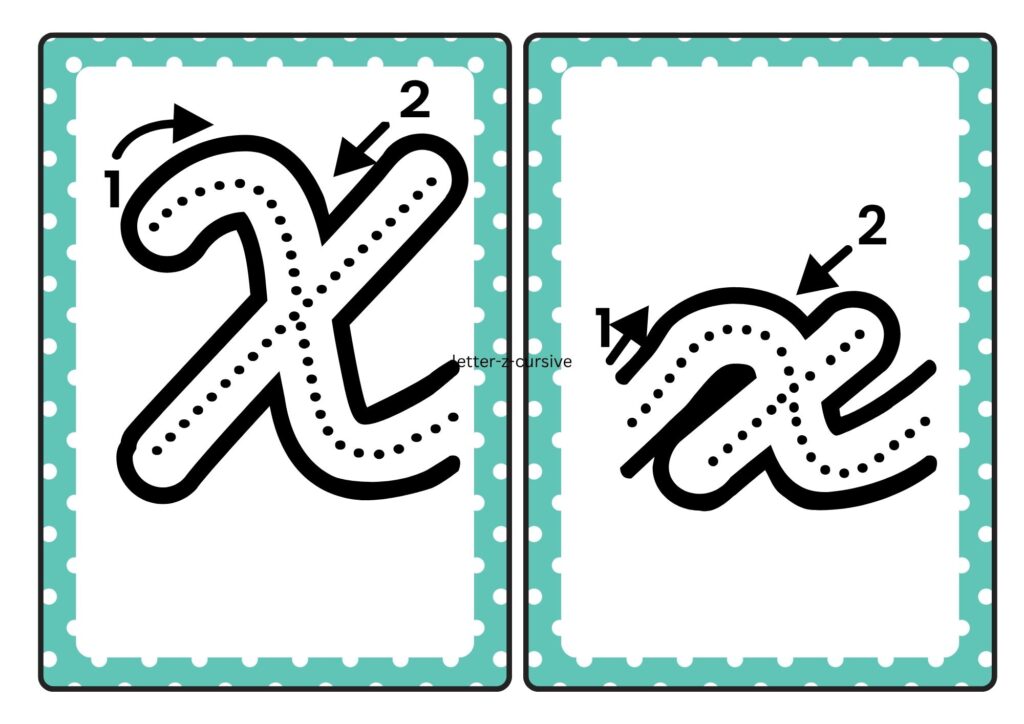 Cursive letter X tracing cards showing uppercase and lowercase X formation for kids practice