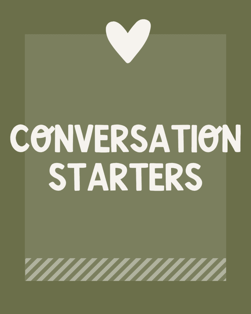 green background with white words "Conversation starters" with white heart at the top